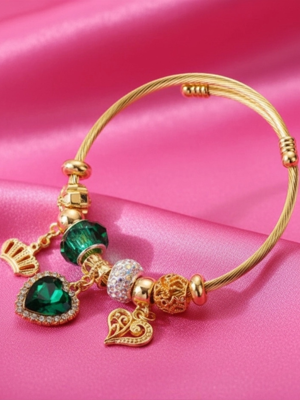 Gold-plated Bangle Bracelet‎ with Emerald Green Crystal Charms - Adjustable